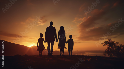 dark silhouette image of a happy family including mother father brother sister . 