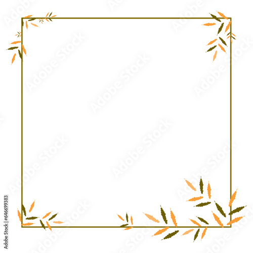 Cute border frame with green, beige, orange jagged decorative plant leaves with copy space on a white background
