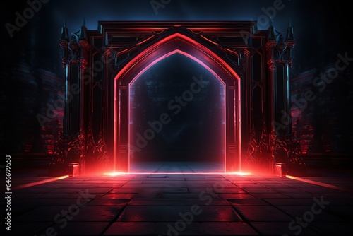 Wide neon glowing gates on dark background, Template for design