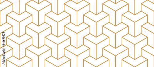 Geometric line tile seamless pattern. Isometric modern cube grid background. White and gold texture. Vintage herringbone wooden floor. Mosaics tile pattern. Vector illustration on white background.