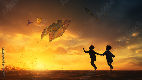 dark silhouette image of a kids flying a kite . 