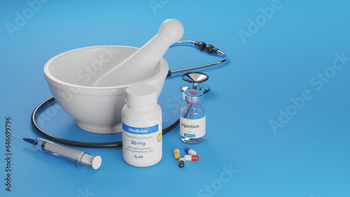 Concept of hospital dispensary or medicinal drug preparation. Mortar and pestle on blue plain background. 3d rendering.