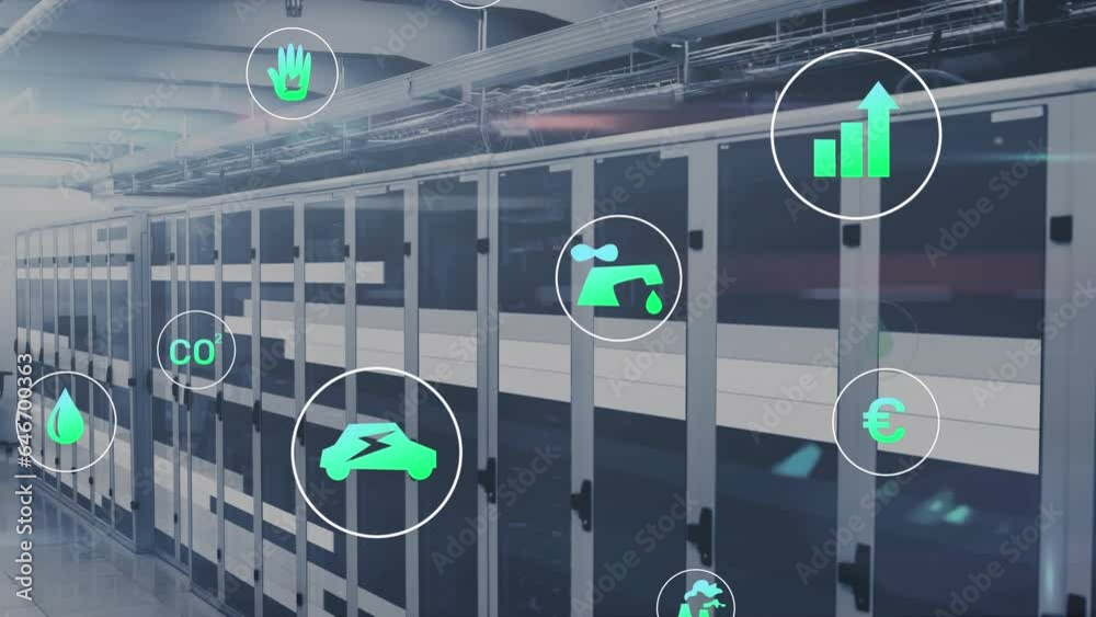 Animation of multiple icons over moving bars on data server racks in server room Animation of multiple icons over moving bars on data server racks in server room