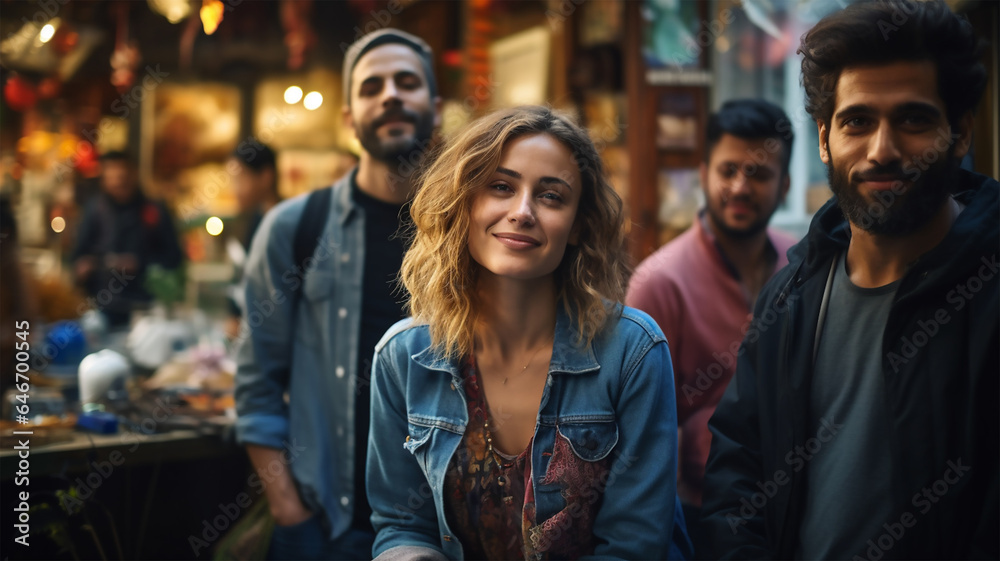 Smiling blonde woman sitting in foreground with three standing friends of different races enjoying outdoors. Group of smiling young people - obrazy, fototapety, plakaty 