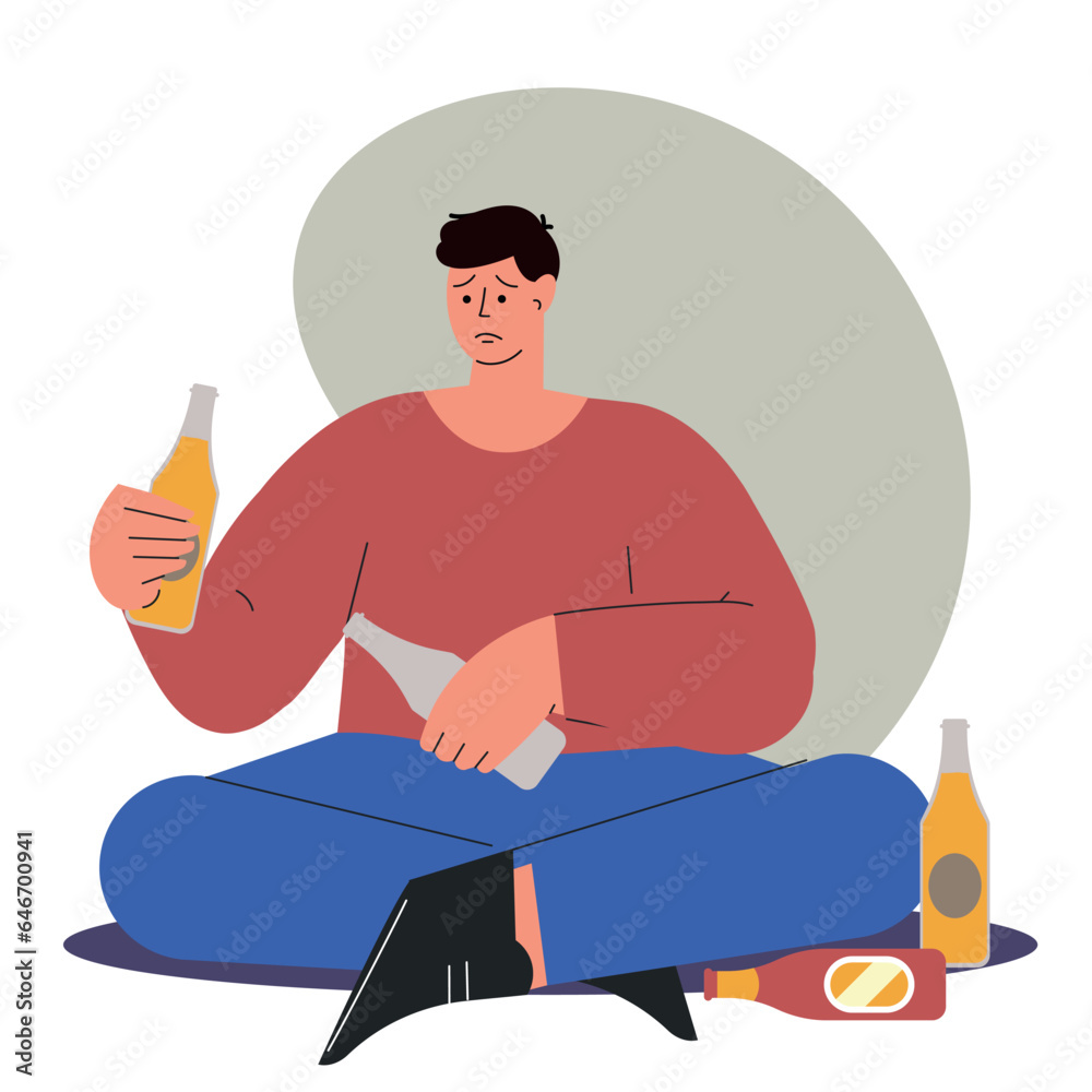 Alcoholism problem vector illustration. Man with substance abuse issue.Alcoholic man flat characters on flat background. Bad habit colourful scene. Vector illustration