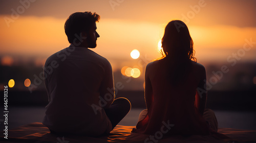 dark silhouette image of a lovely couple meditate together . 