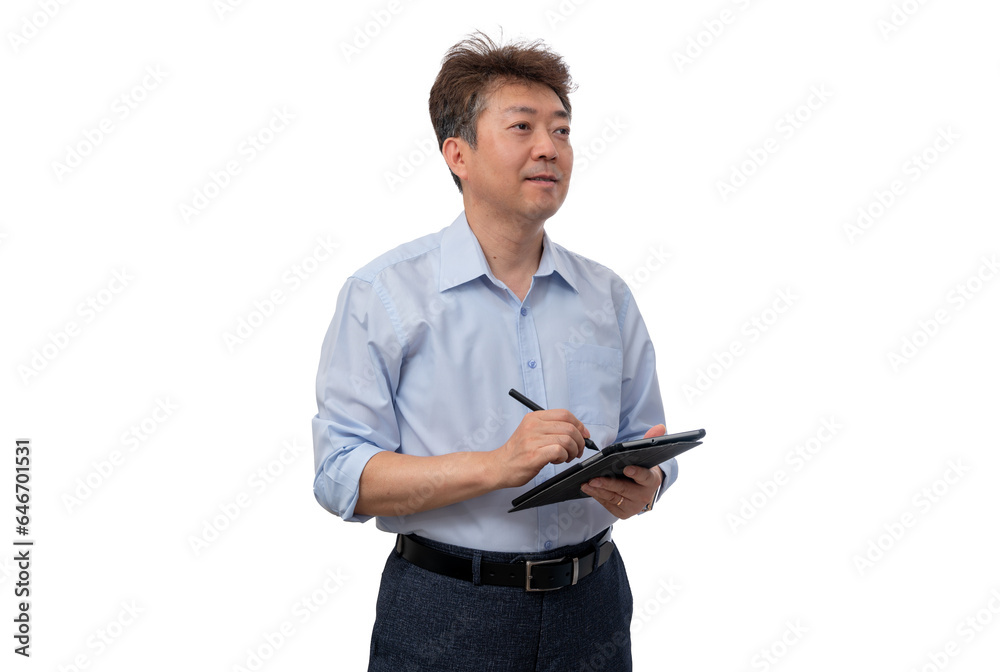 Portrait of a middle-aged Asian male businessman in his 50s wearing a blue shirt Portrait of a middle-aged Asian male businessman in his 50s wearing a blue shirt