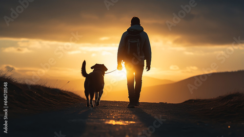 dark silhouette image of a man walking with dog . 
