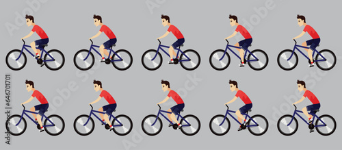 Cycling or riding animation icon set. Sprite sheet of cycling. Animation for game or cartoon. Young man on bike. Vector illustration