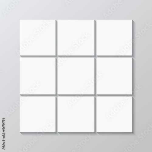 Collage gallery grid. Pictures banner. Album brandboard layout template. Mosaic frame images. Photo mood board. Minimalist presentation. Vintage portfolio background. Vector illustration