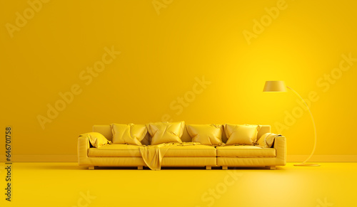 Fotografia Yellow monochrome interior with modern leather sofa and a floor lamp with copy space