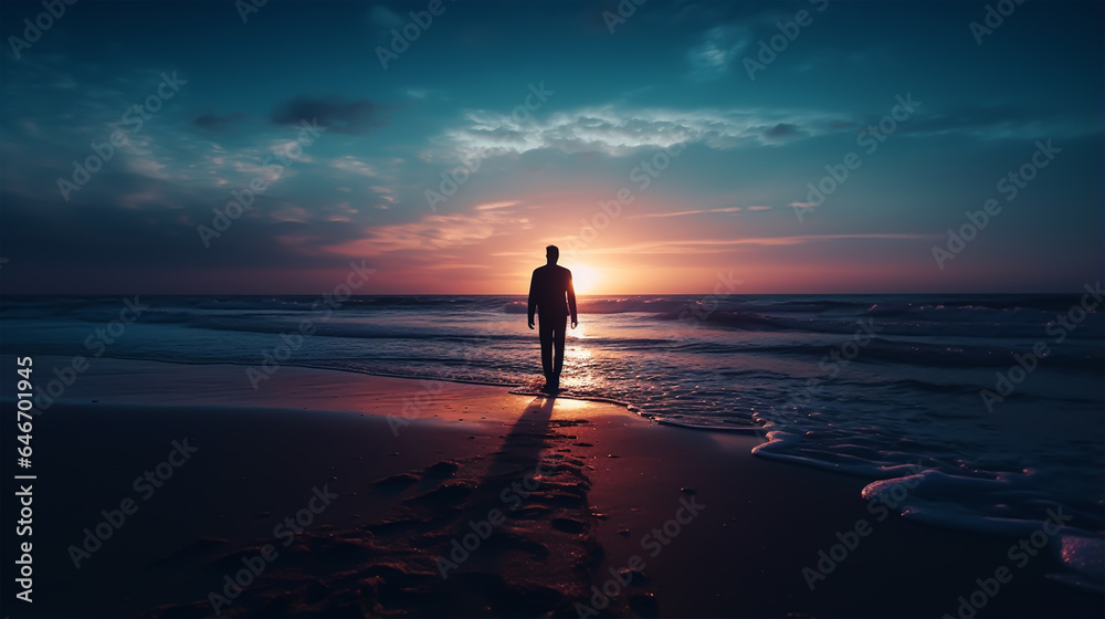 dark silhouette image of a men go for a walk on a beach . 