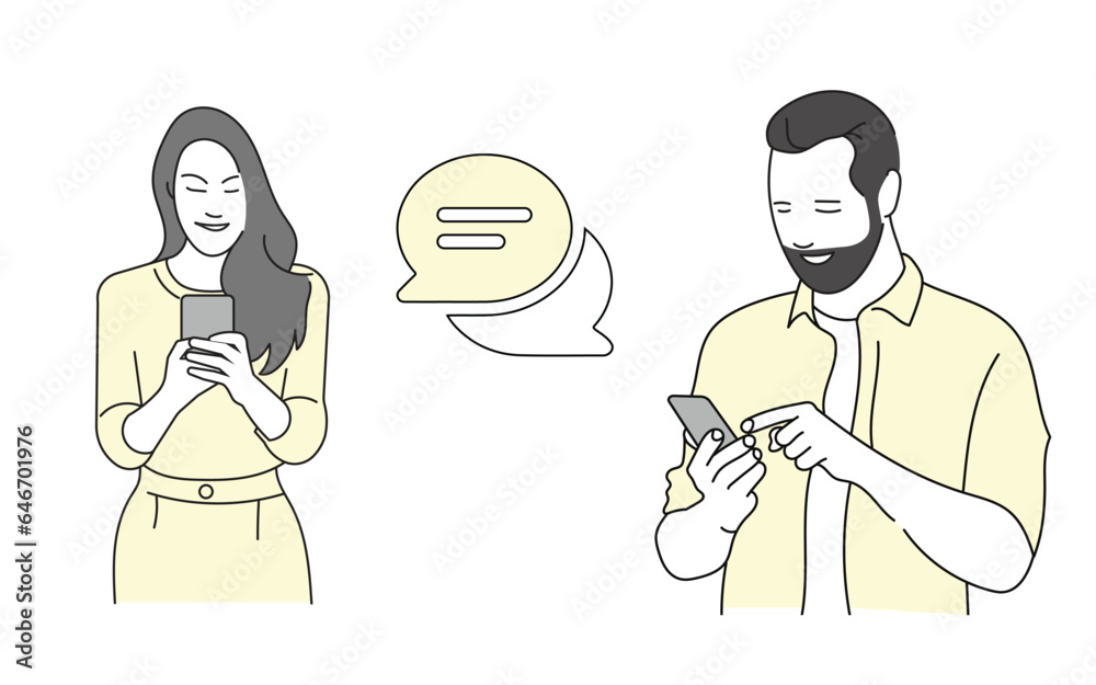Man, woman couple chatting, Messaging using chat app or social network. Chat messages smartphone, SMS on mobile phone. Two persons cellphone conversation sending messages. vector illustration.