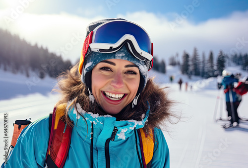 female skier smiling and holding skis in Winter  mountain