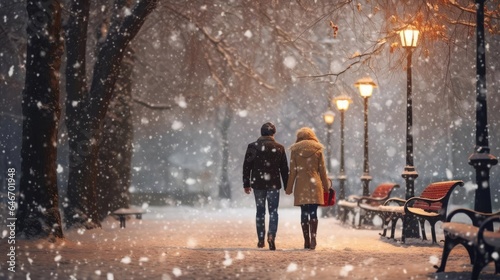 photo of happy young couple walking in a snowy winter park
