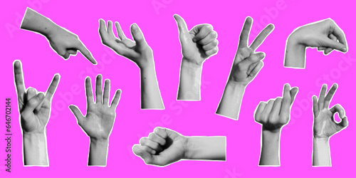 Vector set of retro halftone hands. Halftone collage elements. Torn paper. Trendy vintage collection of hands gesture signs. Modern set of collage with human palms. Paper cutout arms. © Ulyana Mo