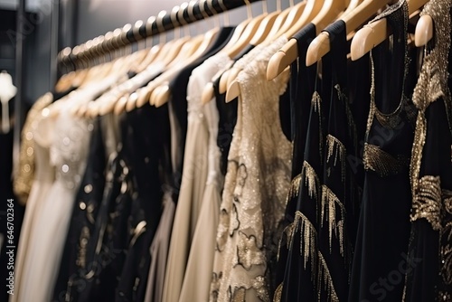 A fashion boutique displays a collection of luxurious evening dresses on hangers.