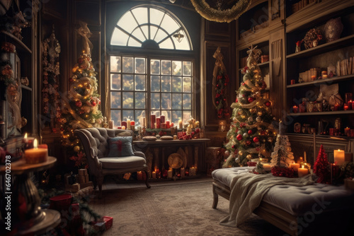 Christmas interior of a room, living room, with a fireplace, a Christmas tree, an armchair. Happy new year and merry christmas. Celebration atmosphere.