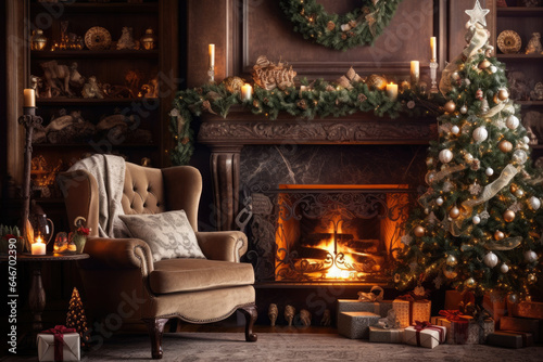 Christmas interior of a room  living room  with a fireplace  a Christmas tree  an armchair. Happy new year and merry christmas. Celebration atmosphere.