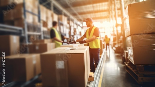 Blurred image of warehouse employees in action moving shipment boxes efficiently