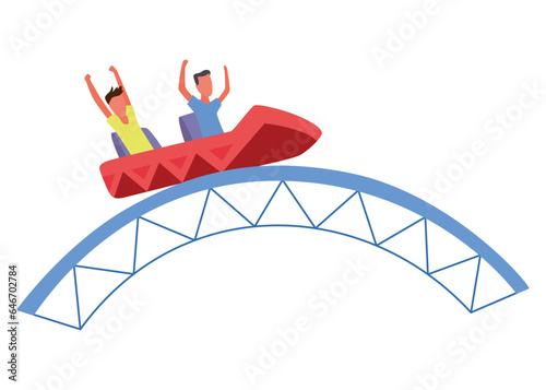 Roller coaster happy people. Rollercoaster. Friends riding in amusement park have fun positive emotion, park attractions. Young people having fun and enjoyment, cartoon vector illustration