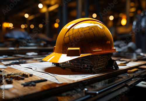 A hard hat on a wooden table. Yellow hard hat sits on top of a sheet of paper.