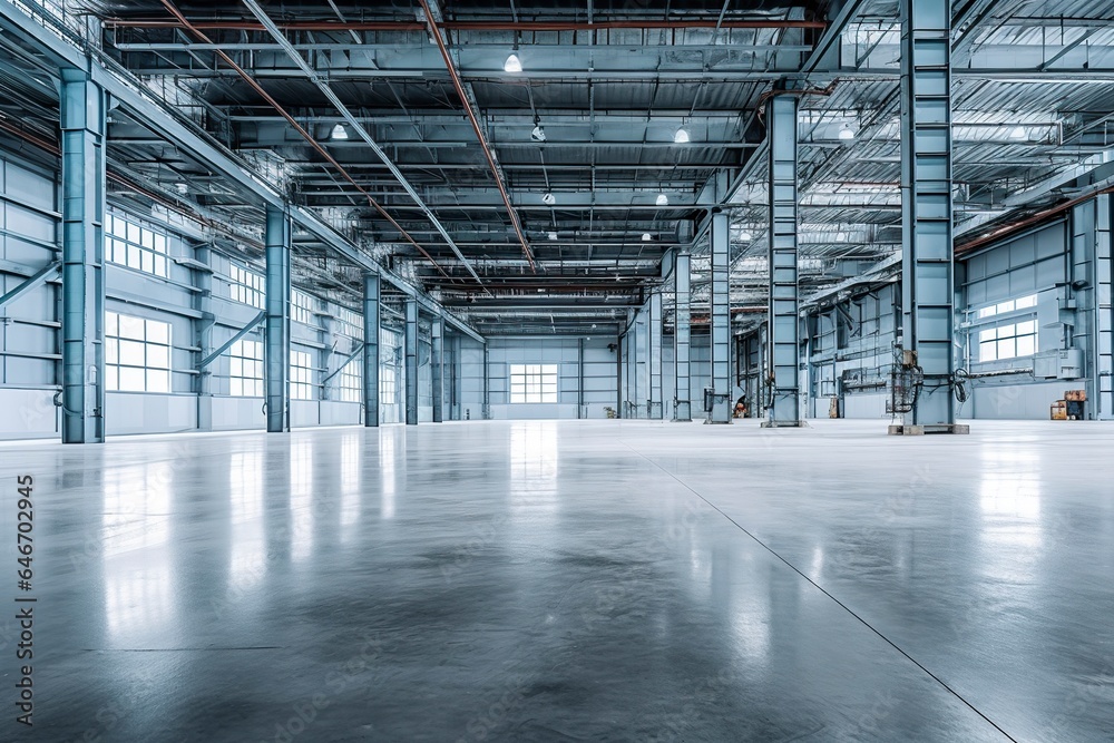 A large warehouse with a wide, modern and neat central aisle, with no one, to store merchandise. A large warehouse with a wide, modern and neat central aisle, with no one, to store merchandise.