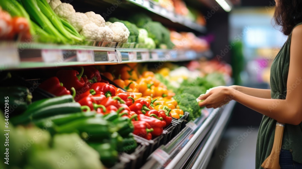 Closeup candid photograph of a woman shopping for groceries fruits and vegetables in a grocery supermarket store aisle