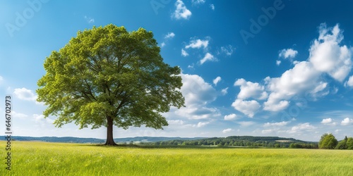 A country landscape  a large maple tree in a meadow with green grass and beautiful blue sky.