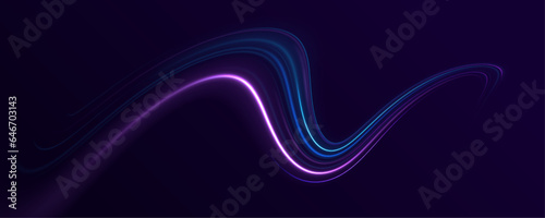 Abstract light lines of movement and speed in neon color. Shine of cosmic rays. Light everyday glowing effect. Curve light effect of blue line. Vector illustration. 