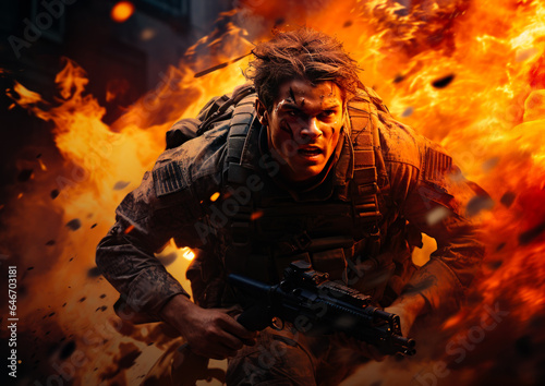 A man holding a gun in front of a fire. Combat soldier runs through the fire