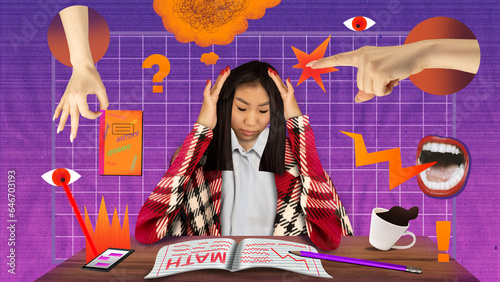 Banner. Poster. Contemporary art collage. Creative composite image of human, girl do homework under preassure from social and personal issues. Teen problems concept.