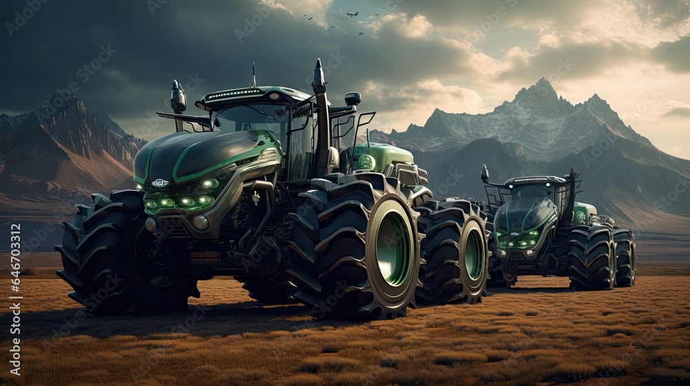 Agricultural tractor isolated on background. 3D rendering - futuristic tractor illustration.