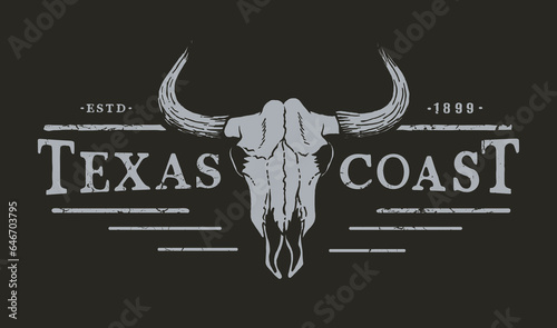 Texas coast. Western logotype with bull skull.Black version