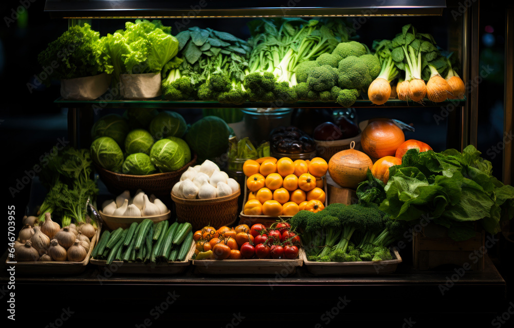 A colorful assortment of fresh vegetables displayed in a glass case. Vegetables on a table in a market