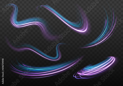 Purple and blue curve lines, cyber technology, fiber optic, isolated design element on dark transparent background. Electric wavy trail. Neon lines of speed and fast wind. Vector.