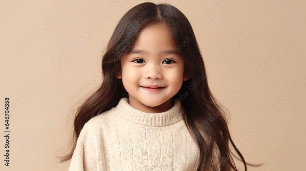 Adorable little girl with brown hair, dressed in neutral colors, showcasing a bright smile against a beige studio background. Generative AI Adorable little girl with brown hair, dressed in neutral colors, showcasing a bright smile against a beige studio background. Generative AI