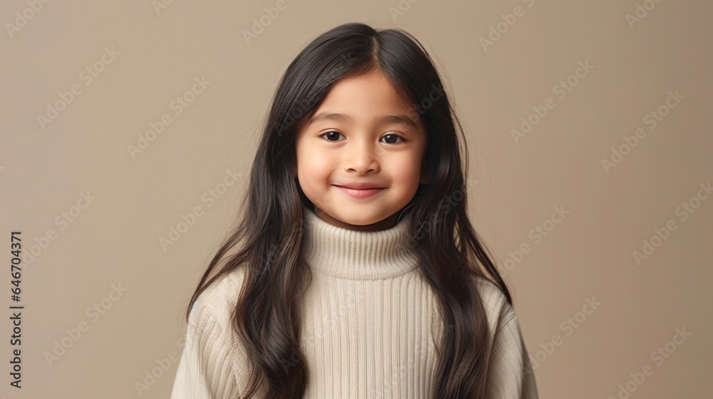 A portrait of a positive young girl with brown hair, dressed in neutral tones, grinning happily against a beige studio setting. Generative AI A portrait of a positive young girl with brown hair, dressed in neutral tones, grinning happily against a beige studio setting. Generative AI