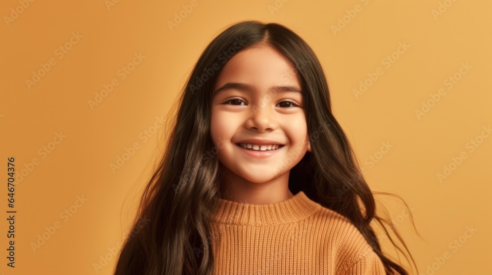 A joyful little girl with a toothy grin, dressed in neutral colors, posing against a beige studio background. Generative AI A joyful little girl with a toothy grin, dressed in neutral colors, posing against a beige studio background. Generative AI