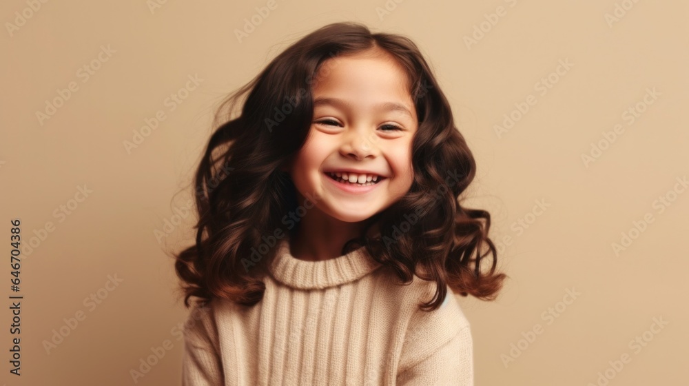A cute little girl with brown hair, dressed in neutral colors, joyfully grinning in front of a beige studio background. Generative AI A cute little girl with brown hair, dressed in neutral colors, joyfully grinning in front of a beige studio background. Generative AI