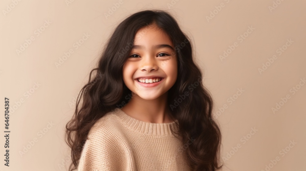 A joyful little girl with a toothy grin, dressed in neutral colors, posing against a beige studio background. Generative AI A joyful little girl with a toothy grin, dressed in neutral colors, posing against a beige studio background. Generative AI