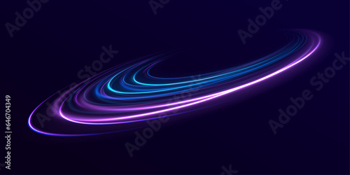 Neon color glowing lines. Racing cars dynamic flash effects city road with long exposure night ligh. Red blue motion police line. The effect of speed on a blue background. Vector Illustration.