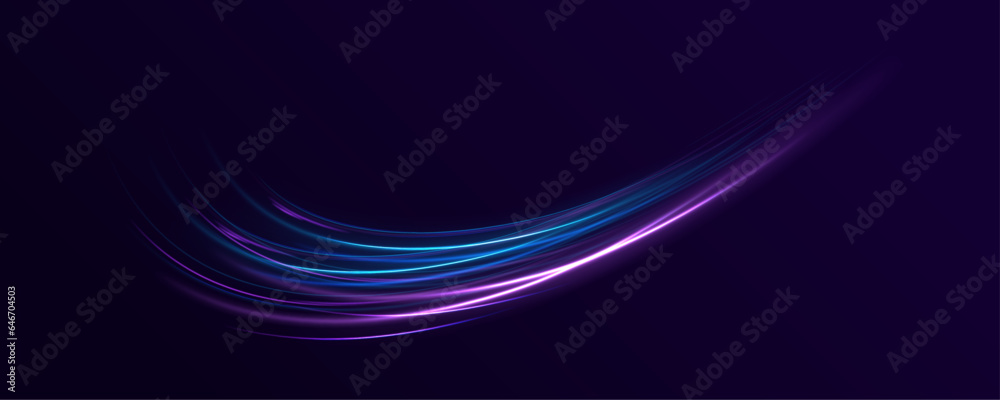 Purple and blue curve lines, cyber technology, fiber optic, isolated design element on dark transparent background. Electric wavy trail. Neon lines of speed and fast wind. Vector. - obrazy, fototapety, plakaty 