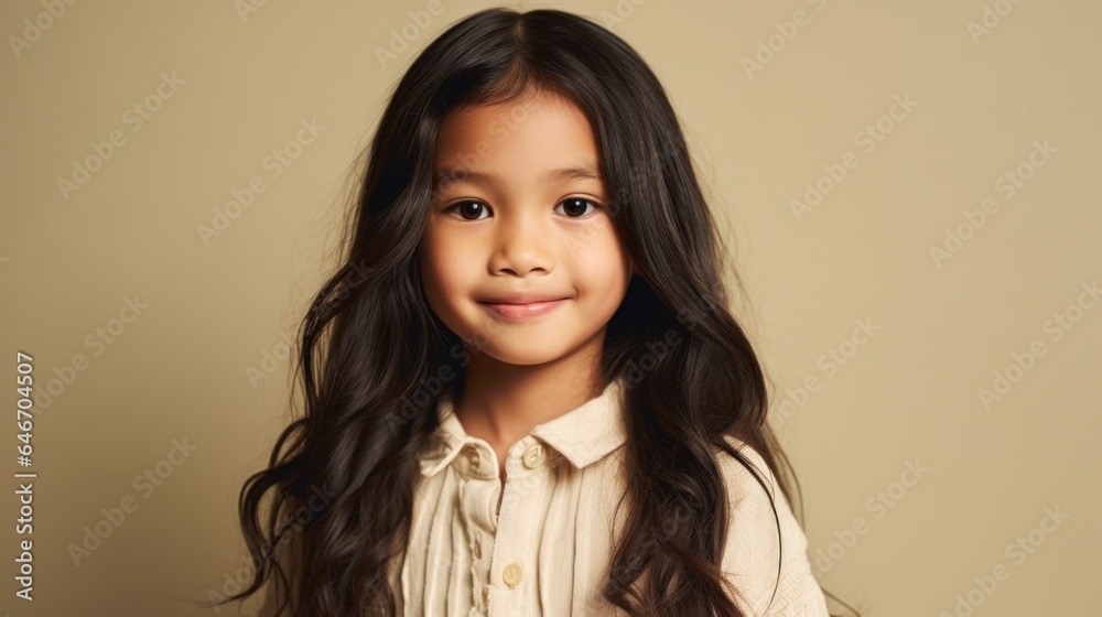 Portrait of an adorable brunette girl, dressed in neutral colors, with a wide, happy smile against a beige studio background. Generative AI Portrait of an adorable brunette girl, dressed in neutral colors, with a wide, happy smile against a beige studio background. Generative AI