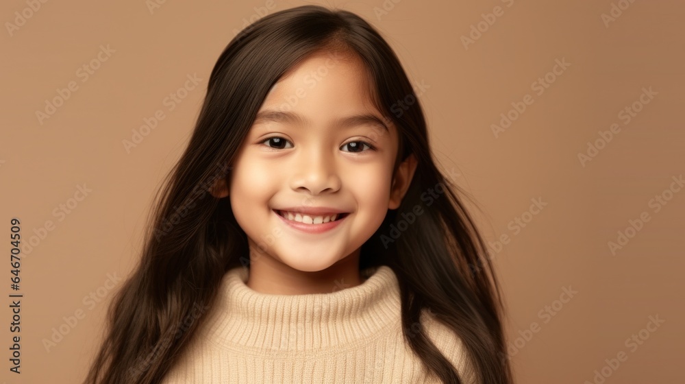 Smiling brunette child in neutral clothing, set against a beige studio backdrop. Generative AI Smiling brunette child in neutral clothing, set against a beige studio backdrop. Generative AI