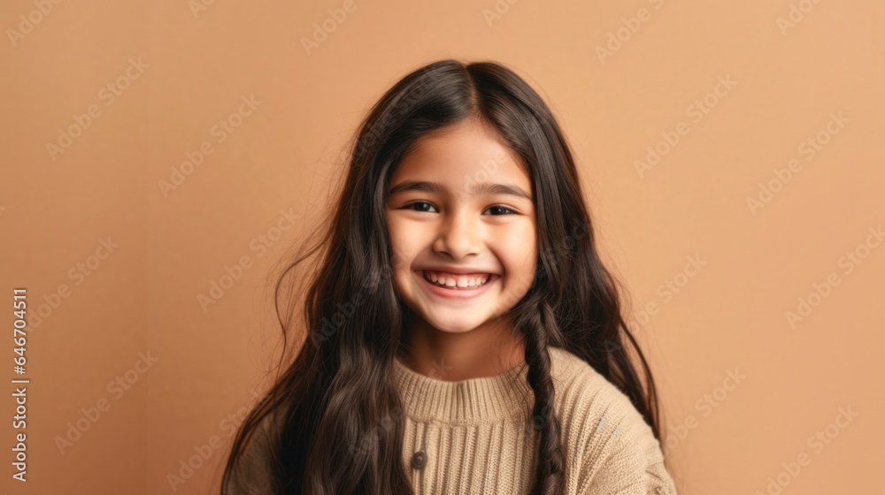 Smiling brunette child in neutral clothing, set against a beige studio backdrop. Generative AI Smiling brunette child in neutral clothing, set against a beige studio backdrop. Generative AI