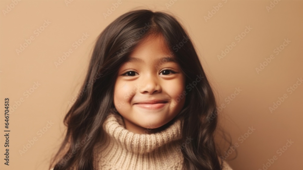 Beaming young girl in neutral attire, posing against a beige studio backdrop. Generative AI Beaming young girl in neutral attire, posing against a beige studio backdrop. Generative AI