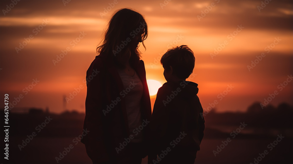 dark silhouette image of a son and mother . 
