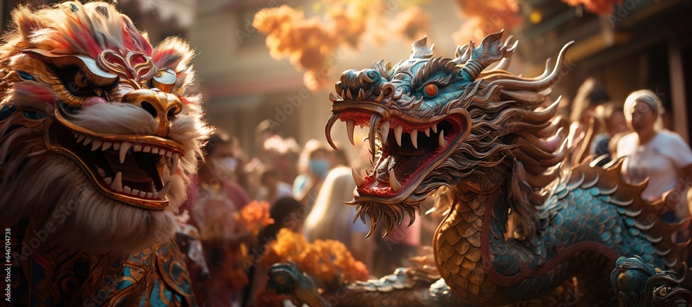 Fototapeta premium Dragon Dance: Vibrant dragon dancers parade through the streets, symbolizing power and luck. Generated with AI