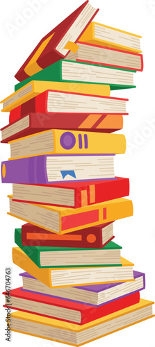 High book stacks or pile. Library textbooks and school literature heaps, dictionaries. Bookstore advertise. Cartoon stacked books angle view with different colorful covers isolated on white